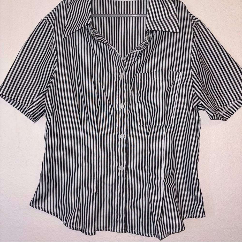 Woman’s  Pleated Black and White Striped Poplin Button-Up Blouse, Pleated